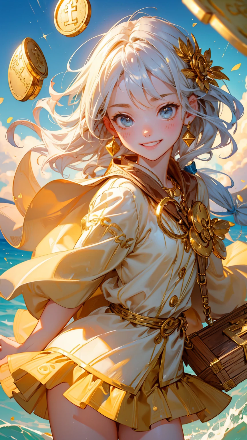 A cute girl happy enjoy face emotion, an open treasure chest, holding up gold coins with happy enjoy face emotion, holding up a net to catch gold coins in the air with his hand,  open treasure box with "KYC" text on it, golden ingots floating around him. sliver sea background with coins around,