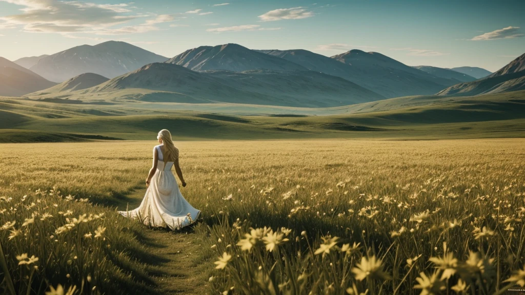 A vast field, which contains hundreds of monsters surrounding one beautiful woman in a white dress with blonde hair, the field has blood spots, and the teeth of the monsters look scary and ferocious, environmental concept art, 8k, super realistic, highly detailed
