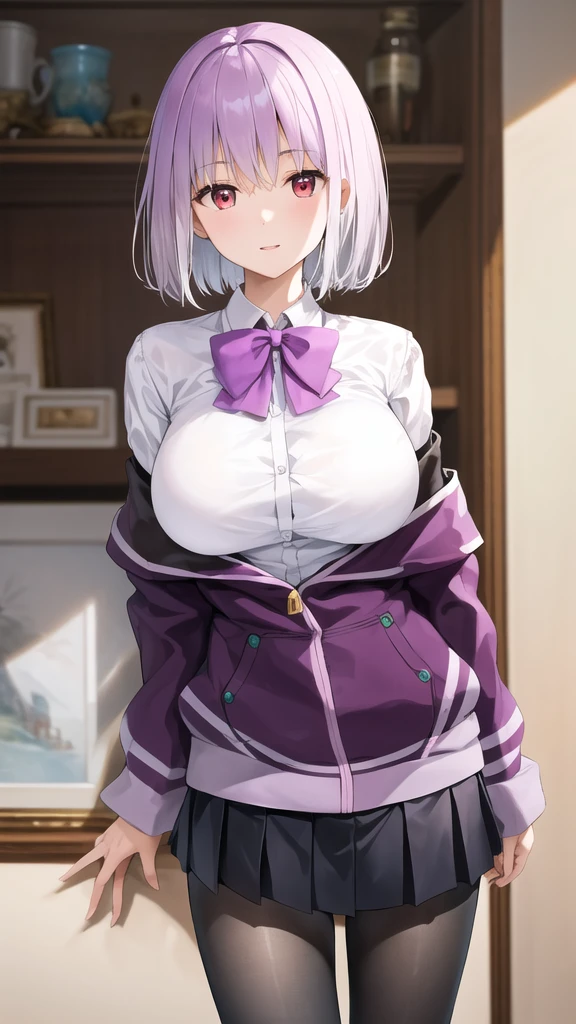 score_9, score_8_up, score_7_up, source_anime,looking at viewer, uncensored,rating explicit,Breast squeeze,1boy,underwear, hetero, ((paizuri)),(pov),happy smile, PaizuriOnLap,breasts, looking at viewer,indoors, curvy,((open shirt)),open mouth,short hair, pink eyes, light purple hair,unbuttoned shirt, sleeves past wrists, purple jacket, pantyhose, open shirt, open jacket, open clothes, jacket, hooded jacket, hood, collared shirt, 1girl shinjou_akane, pleated_skirt, white shirt, purple_bow,(motion blur around breasts with titsjob:1.38), pov, open mouth, (evil_grin,smug), heavy breathing, nipples, ejaculate,ejaculations, cum