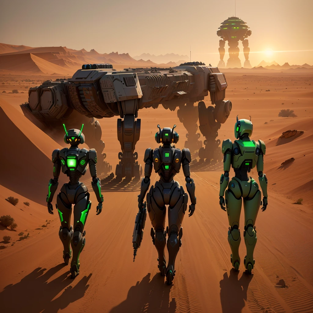 several robots walking on a desert road with a green light, scifi robots, army of robots, depicted as a scifi scene, android jones and rhads, crowd of androids, large crowd of androids, death and robots, army of big robots, hard surface concept art, hardsurface, populated with aliens and people, hd 4k game screenshot