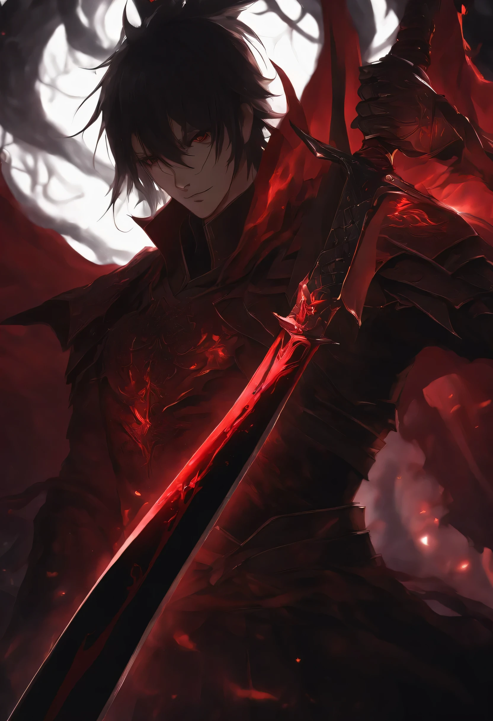 A red greatsword made with blood. The design is dark and made by the devil. The background is black. Around the sword, has a red aura and red light. Anime style.