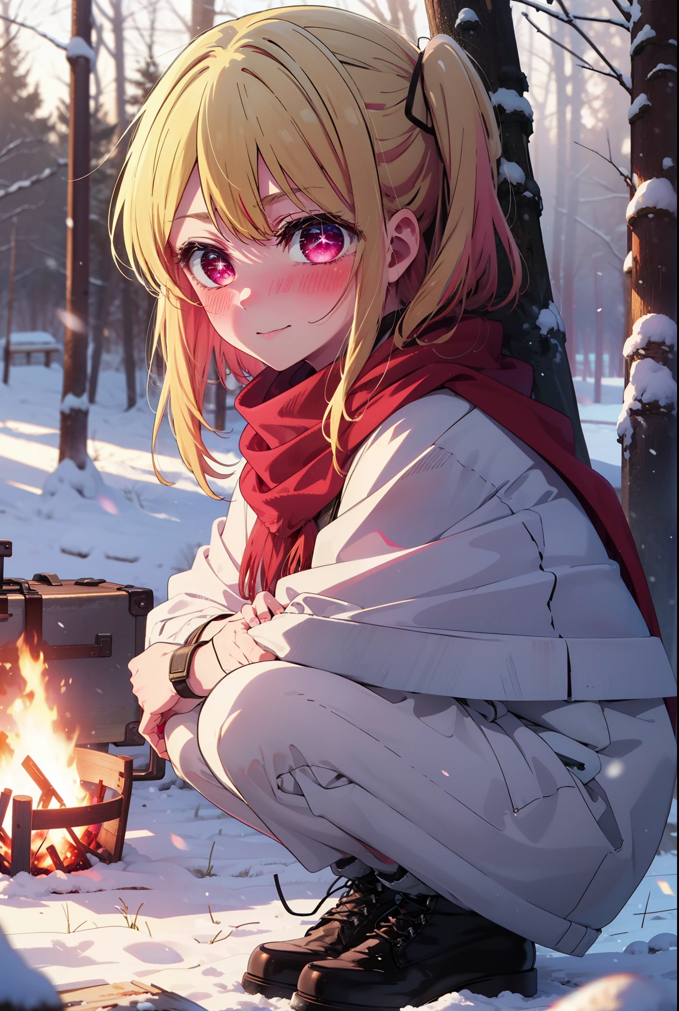 rubyhoshino, Hoshino Ruby, Long Hair, bangs, blonde, (Pink Eyes:1.3), Side Lock, (Symbol-shaped pupil:1.5), Multicolored Hair, Two-tone hair, smile,,smile,blush,white breath,
Open your mouth,snow,Ground bonfire, Outdoor, boots, snowing, From the side, wood, suitcase, Cape, Blurred, , forest, White handbag, nature,  Squat, Mouth closed, Cape, winter, Written boundary depth, Black shoes, red Cape break looking at viewer, Upper Body, whole body, break Outdoor, forest, nature, break (masterpiece:1.2), Highest quality, High resolution, unity 8k wallpaper, (shape:0.8), (Beautiful and beautiful eyes:1.6), Highly detailed face, Perfect lighting, Extremely detailed CG, (Perfect hands, Perfect Anatomy),