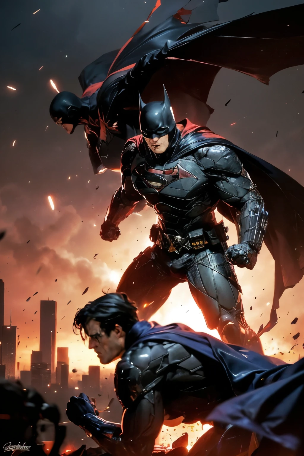 The caped crusader, Batman, stood his ground, his eyes narrowed with determination as he faced off against the Man of Steel, Superman. The two titans of the superhero world, once allies, now found themselves on opposing sides, their ideologies and methods clashing in a battle that threatened to tear the city apart.
Tension crackled in the air as the two heroes exchanged blows, their powers colliding in a dazzling display of strength and skill. Batman’s superior tactical mind and arsenal of gadgets proved a formidable challenge for the seemingly invincible Superman, who struggled to gain the upper hand against his mortal foe.
The thunderous impact of their strikes echoed through the streets, as bystanders watched in awe and terror, uncertain of the outcome of this epic confrontation. The fate of the city, and perhaps the world, hung in the balance as the two legendary figures engaged in a battle for the ages.
Setting: Urban city, colliding powers, bystanders watching in awe