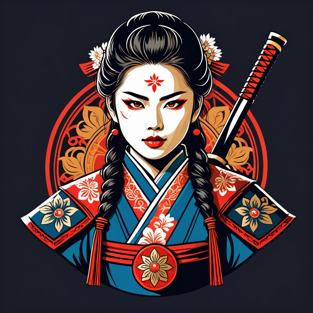 female samurai in russian folk outfit ,vector graphics, strong contours, logo design