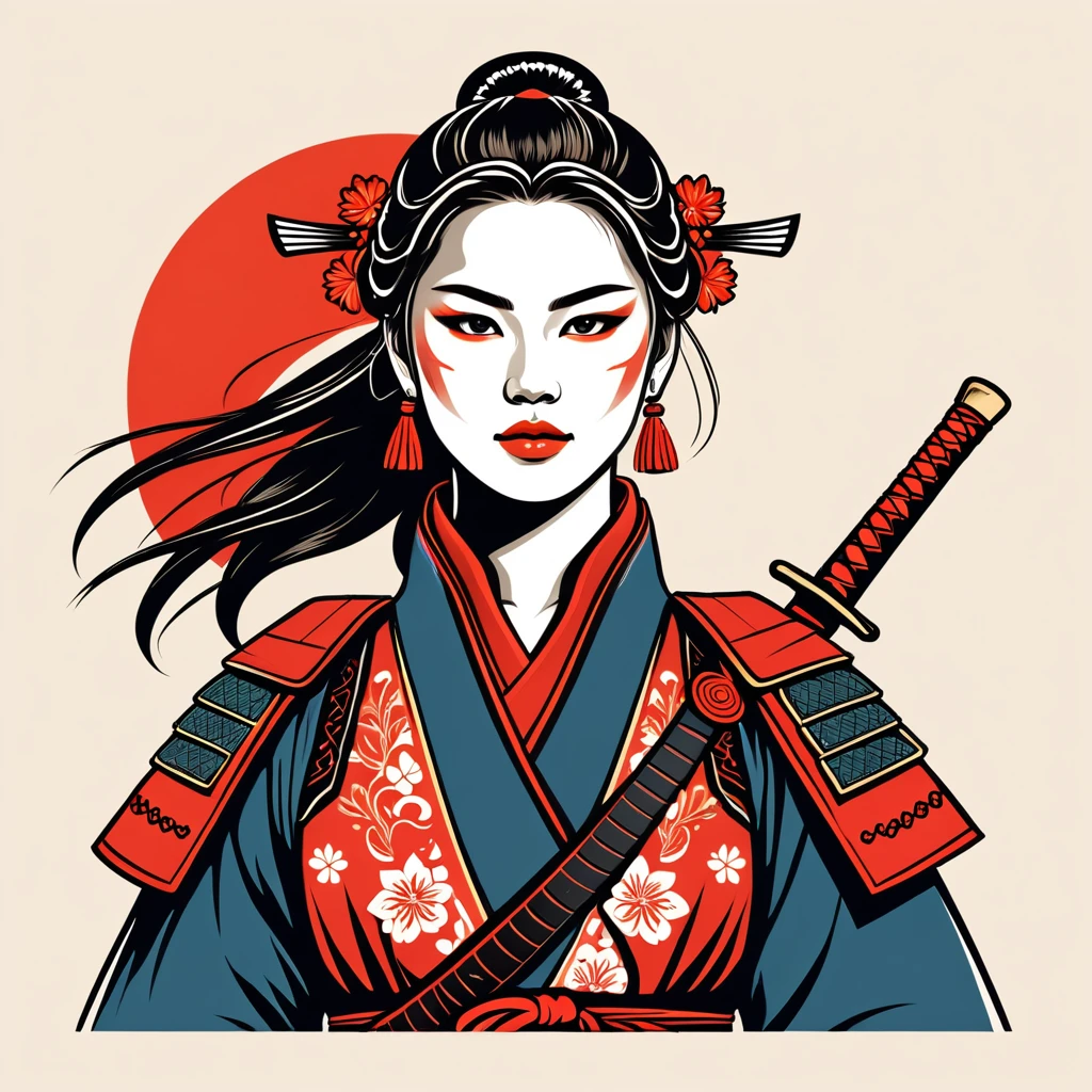 female	samurai	in russian folk outfit	,vector graphics, strong contours, logo design																						