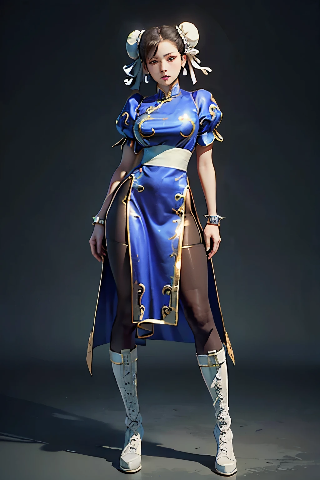 (RAW shooting, Photoreal:1.5, 8k, highest quality, masterpiece, ultra high resolution), perfect dynamic composition:1.2, Highly detailed skin and facial textures:1.2, chunli:1, beautiful and aesthetic:1.2, sexy beauty, perfect style, belief, Strong-willed, revenge, Fair skin, very beautiful face, (wearing a sexy china dress:1.2), (beautiful eyes, Eyes that feel beautiful eros:1.0), (Too erotic:0.9, Bewitching:0.9), (full body photo:1.4), (perfect limbs:1.2), (perfect fingers:1.2),(Bun head,bun cover,boots, bracelet, brown pantyhose, chinese clothes, cross-laced footwear, dress, gold trim, jewelry, pantyhose, pelvic curtain, puffy sleeves, sash, short sleeves, side slit, spiked bracelet, spikes and white footwear,large breast:2,chest gap),(simple background:1.4),(knees together),(standing:1.4),