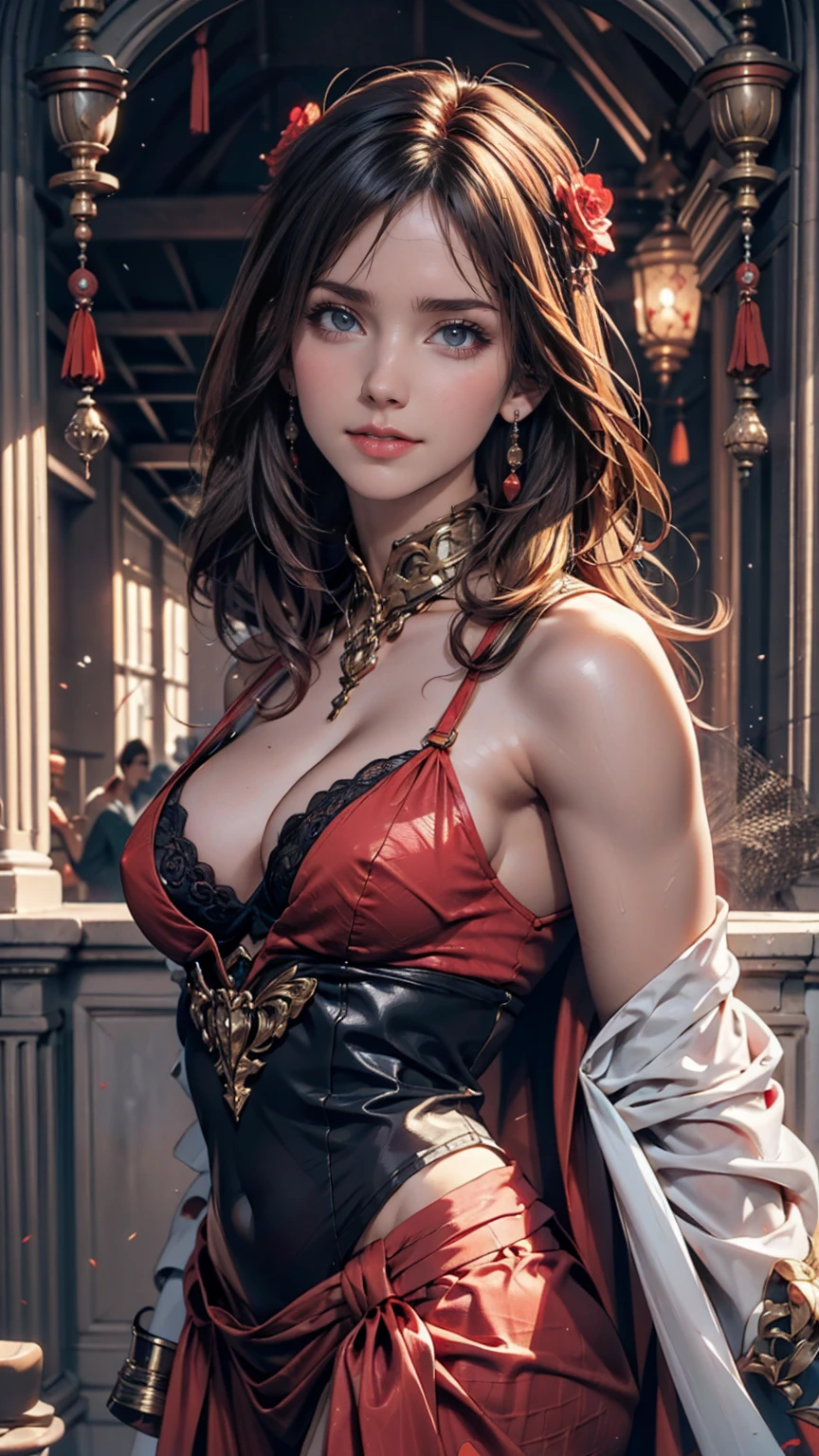 masterpiece, Highest quality, One Woman, 24-year-old woman、Sexy proportionature female body、Sexy proportionakeup、Lips with red lipstick、Textured skin((textured skin))、smile、Slim Waist Tarot, Bard, Clown, Symbolism, Visual art, Occultism, universal, Vision Casting, philosophy, Iconography, Number secrets, Popularity, art, Alphonse Mucha