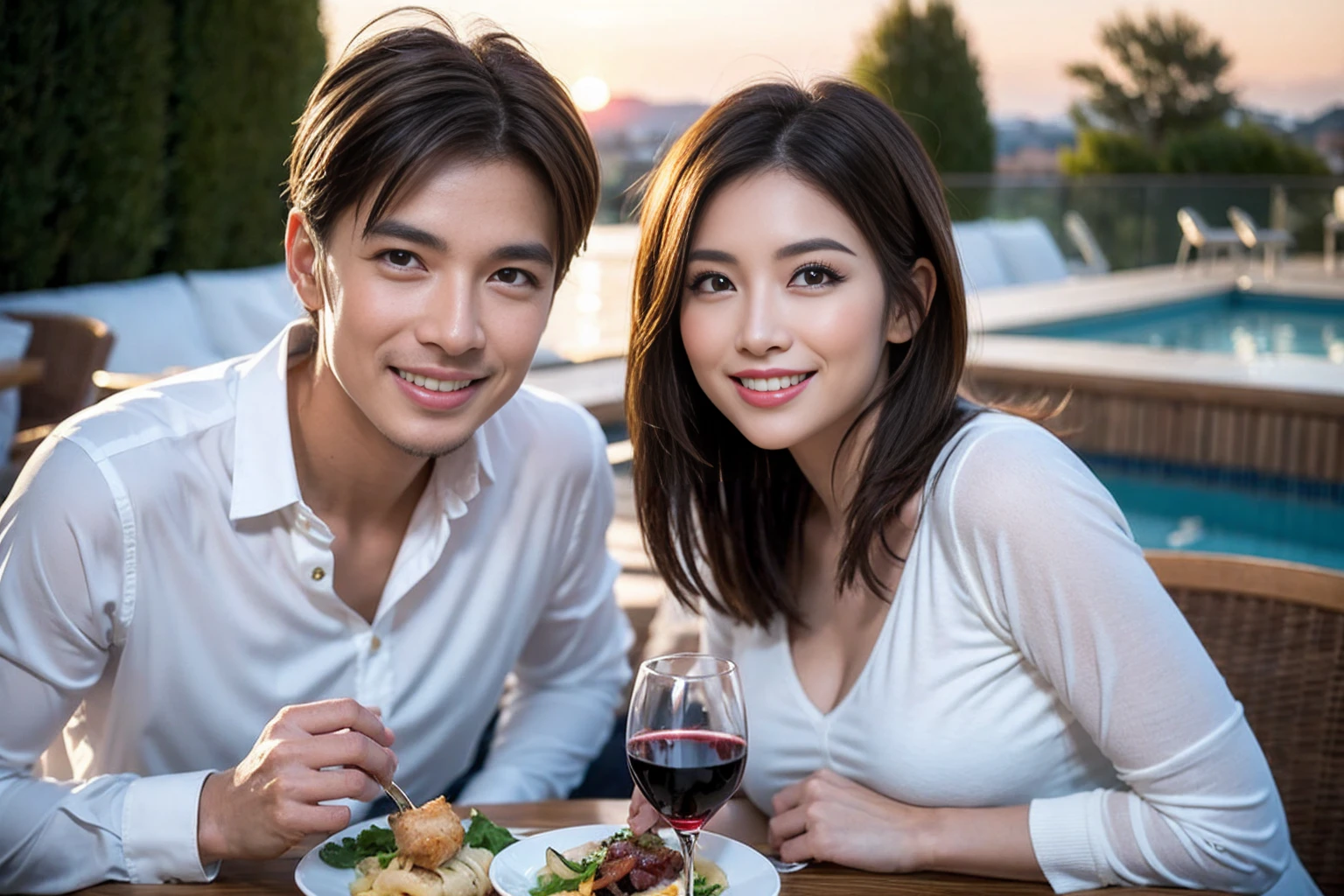 （Realistic:1.1）,(masterpiece,Highest quality)，8k,(44 years old), 47 years old, Lovers、Happy Couple、Model Couple、Actress/Actor、Tight waist,Upper Body,full-course dinner、wine 、Amazing view of the sunset sky and clouds、Perfect Anatomy, Brown Hair, short hair,Random Hairstyles,((Highly detailed face and eyes:1.2))(cute顔:1.4)，Beautiful actress face，Perfect golden ratio face，Long sleeve shirt、dress,(smile:1.2)、Shortcuts、cute、(Realistic, Intricate details:1.2), A bright smile、short hair,Bright Face、赤wine 、Appetizers、Italian food、wine bottle、Champagne、スパークリングwine、(slimな顔), (The body is slim), (Brown Hair), (Shortcuts),  Upper Body, 白wine, slim, wineグラス, 