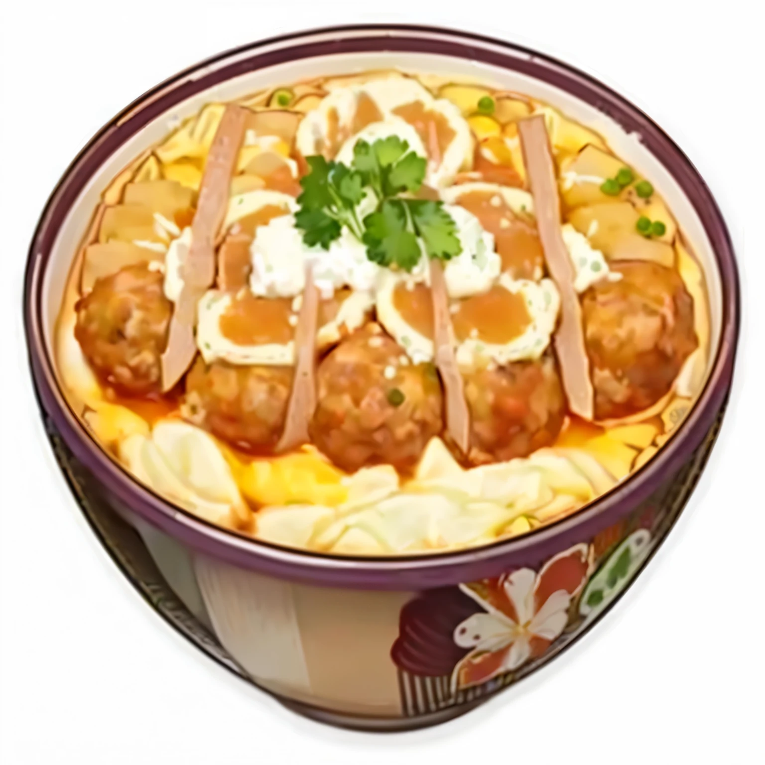 There is a bowl of food,It has meatballs and sauce., Monitor, bowl filled with food, Katagiichi, mash potatoes and gravy, Cangyue, Anime Food, Chicken MSG, mash potatoes, Detailed hot belly, Map tofu cartoon, Guande, Fresh peas, ❤🔥🍄🌪