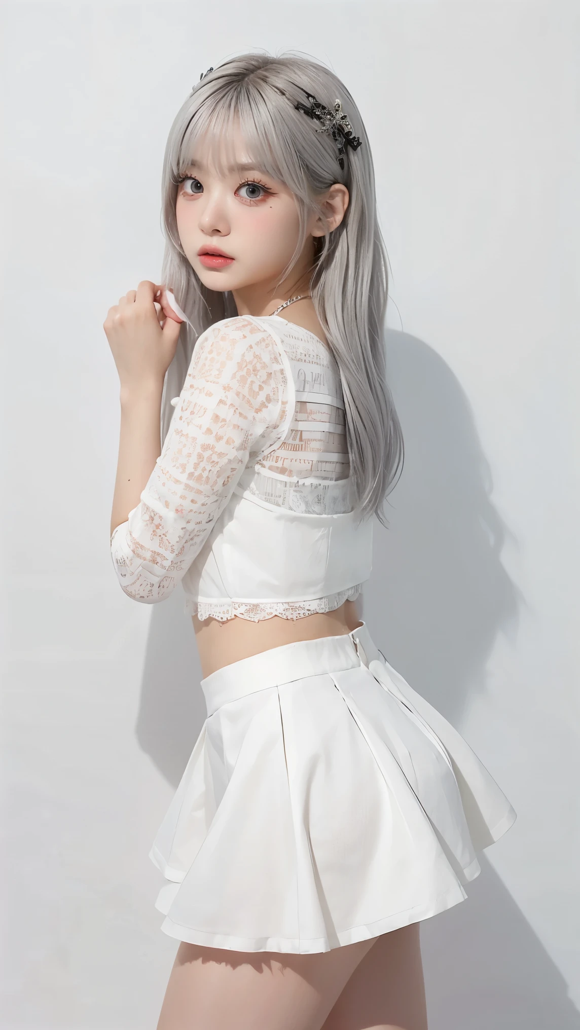 ((Masterpiece)), (highest quality))), (Character design sheet, national costume, same character, front, side, back), illustration, 1 girl, full body, silver hair, eye hair, beautiful eyes, princess cut, environmental change scene, short skirt, shyness, woman, girl, standing, goth , V-tuber, chartaan betarola, (simple background, white background: 1.3) ( Masterpiece:1.2), (Best Quality:1.3)