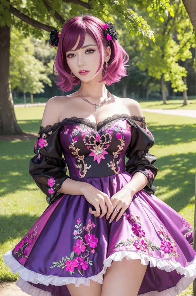 (masterpiece:1.4), (best quality:1.4), ultra high res, ultra high resolution, ((detailed facial features)), HDR, (realistic, photorealistic, photo-realistic:1.37), full body Esbian, sexy swedish model, (-anime), only 1 model, vivid colors, ((vivid colors multicolor (fuchsia, pink, light purple) very short hair)), (beautiful smile), lip-gloss, long lashes, dramatic makeup, defined eyebrows, wearing large sparkling colorful jewelery, wearing a red silk Paradise Kiss cosplay dress with black floral embroidery, ((vivid colors outfit)), vivid colors, look at the camera, cinematic light, large park background with trees, sweet and sexy pose