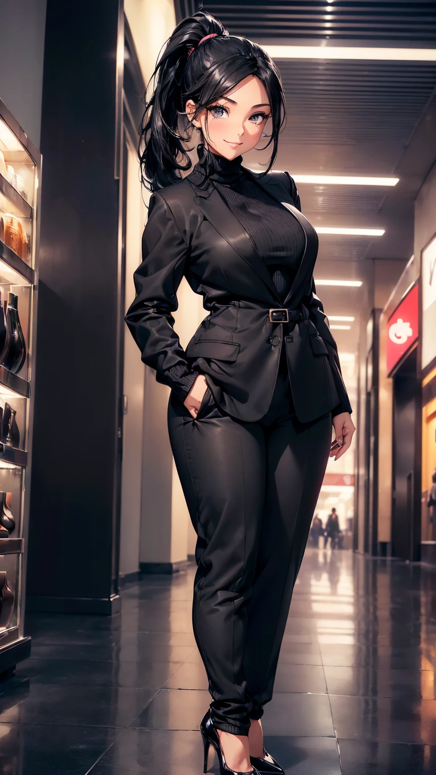 a girl, curvy body, beautiful face, beautiful eyes, ((long straight black hair, ponytail hairstyle, black eyes)), smiling, blushing, standing, ((black turtleneck sweater, black long pants, black blazer, high heels shoes, black socks)), mall indoor background, perfect hands, perfect fingers, high quality picture, high resolution, very detailed, 8k resolution
