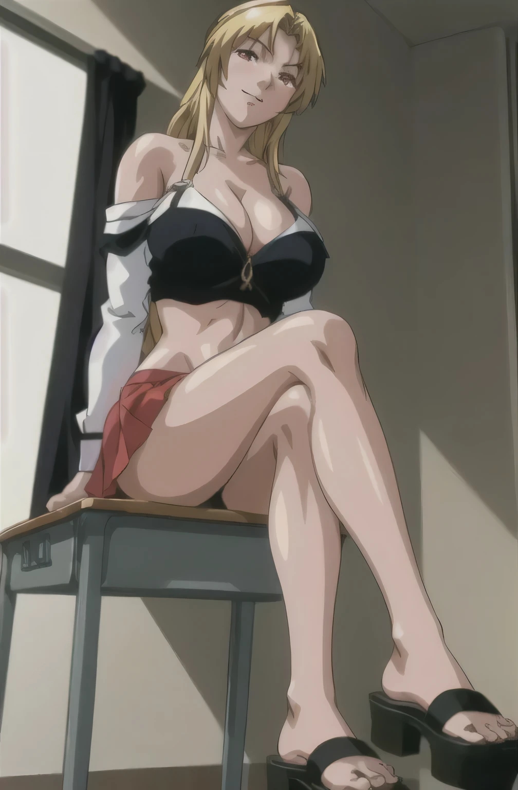 masterpiece, best quality, highres, 1girl kaori saeki, micro ruffle skirt, black off shoulder crop top , classroom, full body shot, (smug:0.3), looking at viewer, focus solo, sexy pose, mature, flip flops, detailed feet, busty, cleavage, blonde, long hair, red eyes, dangling shoe, kneeling, seducing, sandals, sitting in bed, crossed legs, perfect feet, perfect eyes,