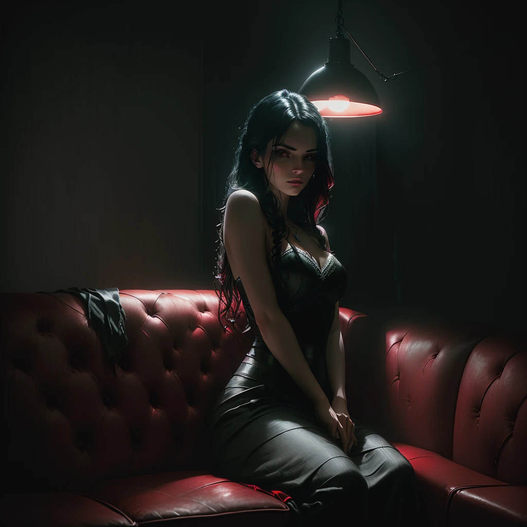 arafed woman sitting on a red couch in a dark room, atmospheric portrait, moody cinematic lighting, moody atmospheric lighting, red and cinematic lighting, dark moody lighting, dramatic moody lighting, cinematic atmospheric photo, inspired by Elsa Bleda, dark moody backlighting, dramatic low-key lighting, very moody lighting, cinematic moody lighting, extremely moody lighting, moody dim lighting