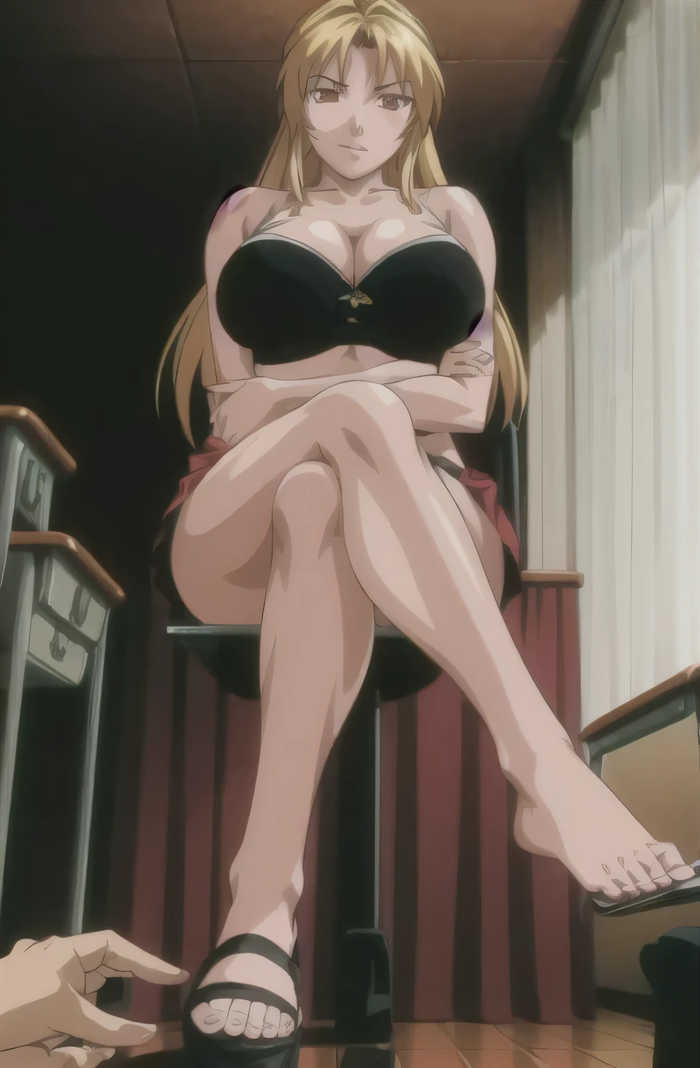 masterpiece, best quality, highres, 1girl kaori saeki,  micro ruffle skirt, black off shoulder crop top , classroom, full body shot, (smug:0.3), looking at viewer, focus solo, sexy pose, mature, flip flops, detailed feet, busty, cleavage, blonde, long hair, red eyes, dangling shoe, kneeling, seducing, sandals, sitting in bed, crossed legs, perfect feet, perfect eyes, 