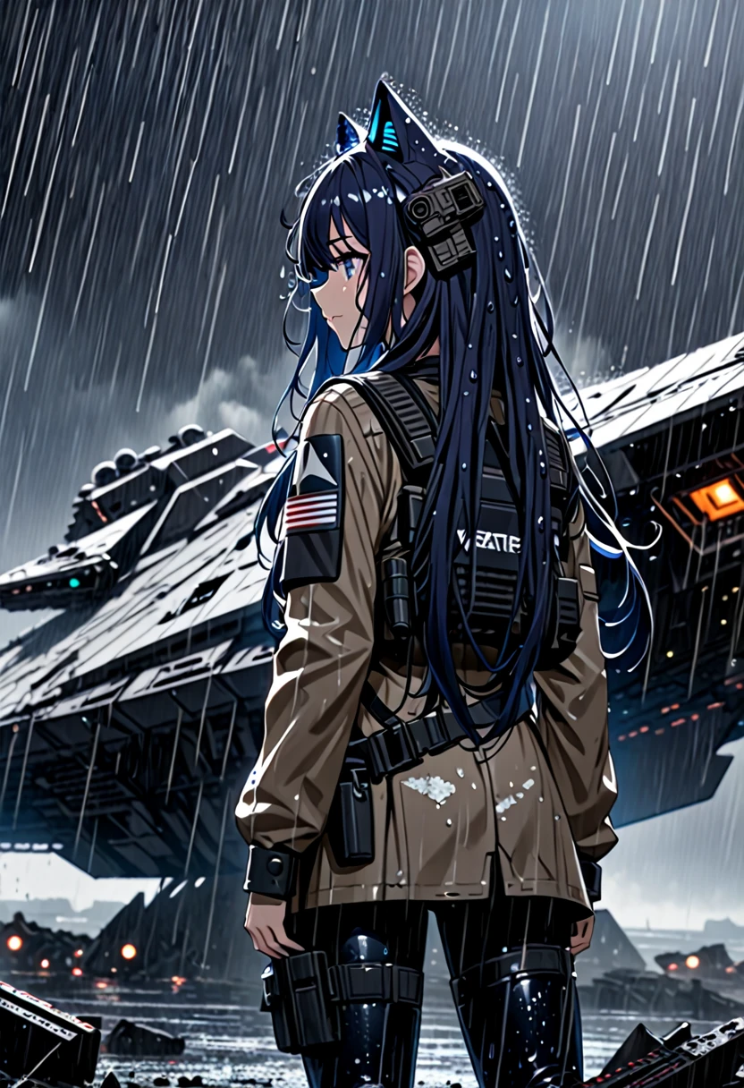 8K Ultra High-Quality, ultra-detailed, High quality, dark blue long hair cat girl, tactical clothes, looking at a wreckage of a crashed space ship, Venator Class Star Destroyer, dark skies, raining, soaking wet, back view