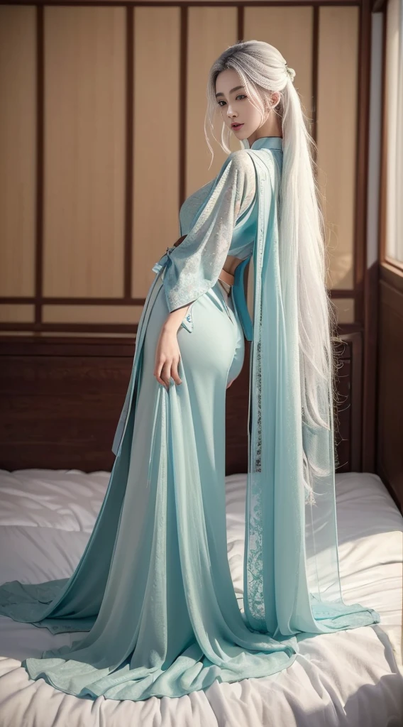 ((best quality)),((Excellent quality, 8K, masterpiece: 1.5)), Clarity: 1.4, Perfect body beauty: 1.4, Sexy Hanfu,Sexy Hanfu,I can see your pants,White hair,Moist skin, Sleeping in bed,Backward Pose,Pointy ass,Round butt,Pointy ass,Lift your butt,film texture,