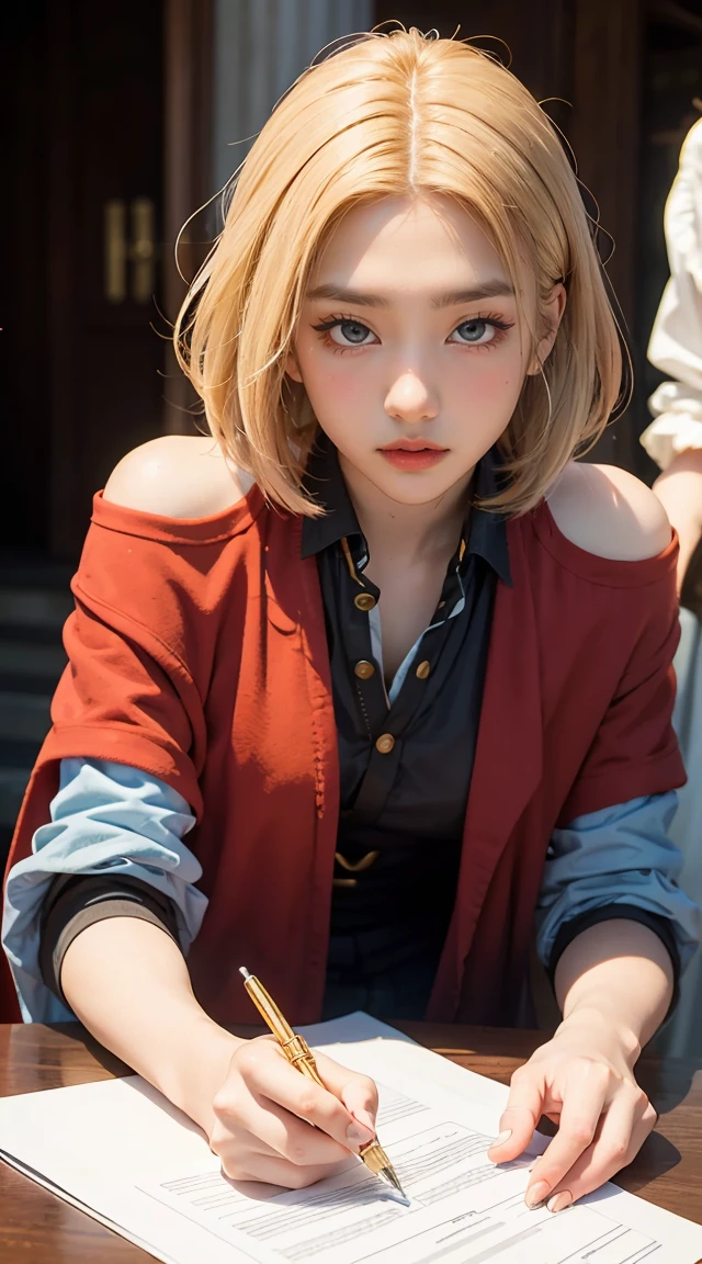 (Masterpiece: 1.2, Best Quality), Realistic, (Realistic Picture, Complex Details, Depth of Field), Best Quality, Masterpiece, Highly Detailed, Semi Realistic, 1 Girl, Mature Female, 21 Years Old, Blond Hair, Shoulder length Short Hair, Left Eye Covered with Hair, Blue Eyes, King's Clothes, Red Cloak, Slim Figure, Crown Made of Precious Gold, Reading Documents, Marking Documents, Goose Hair Pen, Office Table, Soft Bench, Palace, In the palace, during the Middle Ages