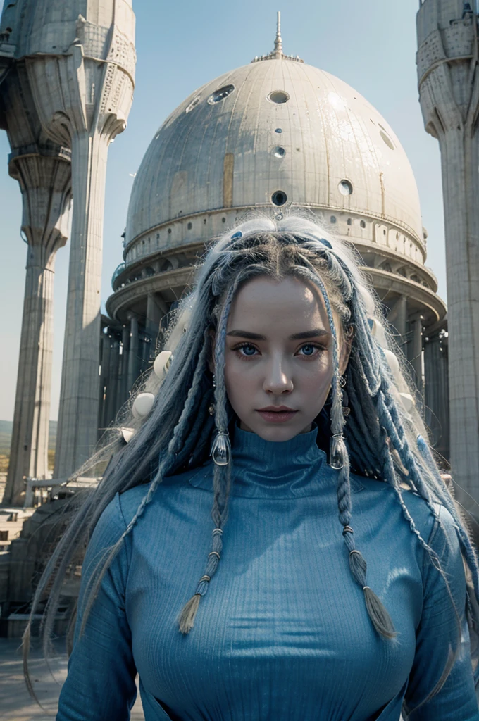 a cinematic frame, a portrait of an alien woman with pale bluish skin, blue-white dreadlocks, a long white dress in a futuristic style decorated with silver artifacts, a strange planet with plains, forests of red trees, bizarre pyramid-shaped and spherical buildings in the background, a huge planet appears in the haze above the horizon-satellite in blue tones, with craters on the surface, light haze, unusual lighting, fantastic, hyperrealistic