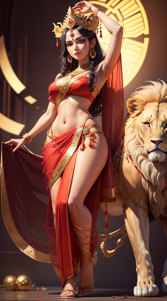 (Highly detailed), (Illustration), (Convoluted), (Beautiful face), (Attractive body), (Complete Body Picture), Modern Indian Goddess, (Transparent Red Sari), Dynamic Pose, God's Crown, (Lion Standing Nearby), Colorful, Eye-catching, Heavenly.