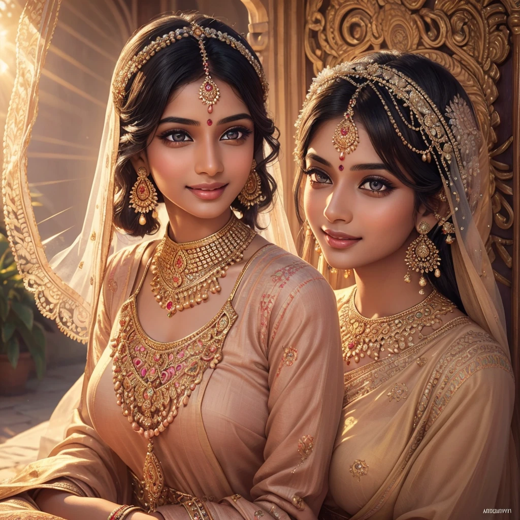 a beautiful young indian woman, beautiful detailed eyes, beautiful detailed lips, extremely detailed face, long eyelashes, radiant skin, elegant traditional indian clothes, intricate jewelry, warm smile, joyful expression, colorful background, detailed landscape, sun rays, pastel colors, soft lighting, photorealistic, 8k, high quality, masterpiece, intricate details, vibrant colors