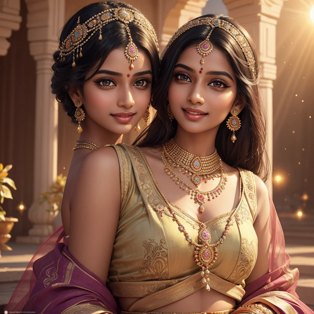 a beautiful young indian woman, beautiful detailed eyes, beautiful detailed lips, extremely detailed face, long eyelashes, radiant skin, elegant traditional indian clothes, intricate jewelry, warm smile, joyful expression, colorful background, detailed landscape, sun rays, pastel colors, soft lighting, photorealistic, 8k, high quality, masterpiece, intricate details, vibrant colors