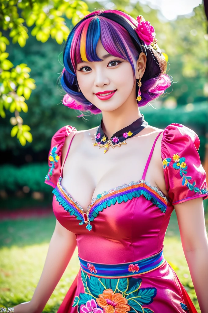 (masterpiece:1.4), (best quality:1.4), ultra high res, ultra high resolution, ((detailed facial features)), HDR, (realistic, photorealistic, photo-realistic:1.37), full body Esbian, sexy Vietnamese model, (-anime), only 1 model, vivid colors, ((vivid colors multicolor (fuchsia, pink, light blue, purple) very short hair)), (beautiful smile), lip-gloss, long lashes, defined eyebrows, wearing large sparkling colorful jewelery, wearing a red silk Paradise Kiss cosplay dress with black floral embroidery, ((vivid colors outfit)), vivid colors, look at the camera, cinematic light, large park background with trees, sweet and sexy pose