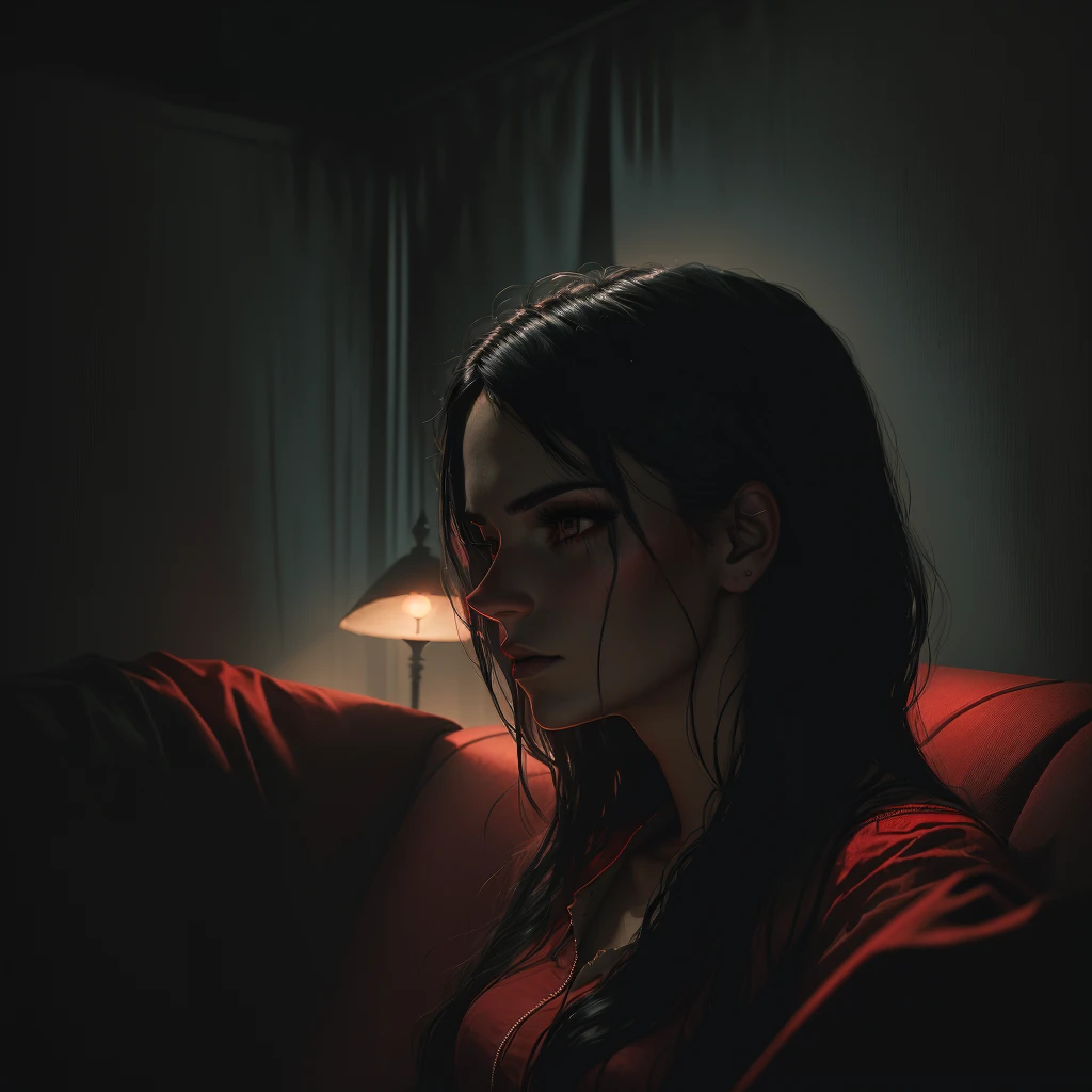 arafed woman sitting on a red couch in a dark room, atmospheric portrait, moody cinematic lighting, moody atmospheric lighting, red and cinematic lighting, dark moody lighting, dramatic moody lighting, cinematic atmospheric photo, inspired by Elsa Bleda, dark moody backlighting, dramatic low-key lighting, very moody lighting, cinematic moody lighting, extremely moody lighting, moody dim lighting