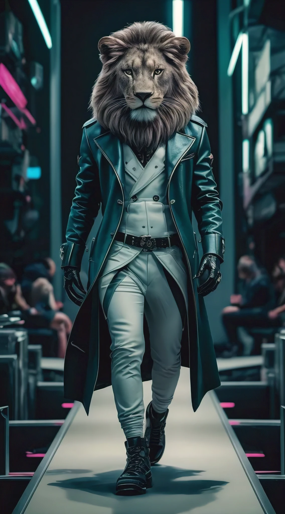 (best quality, photorealistic, ultra-detailed), A striking photorealistic image of a humanoid lion fashion model, dressed in avant-garde, stylish clothing. The lion's eyes are filled with determination, while its sleek mane complements the unique ensemble. The model struts down a runway, surrounded by a futuristic cityscape with neon lights. The overall atmosphere of the photo is bold, daring, and captivating, pushing the boundaries of fashion and art., photo, fashion