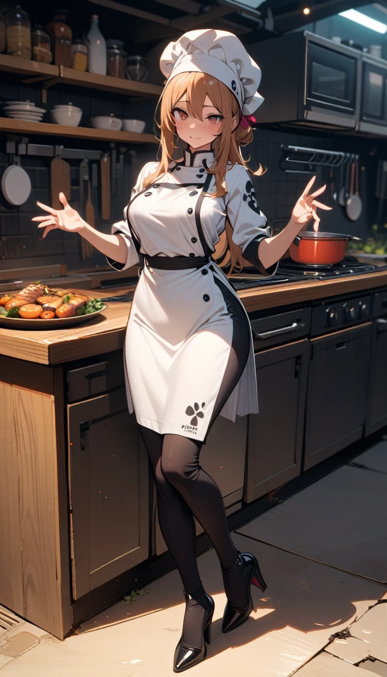 ((best quality)) , ((masterpiece)) , (detailed),1 female,Earthquake Kitchen,Female chef,High heel,((whole body))