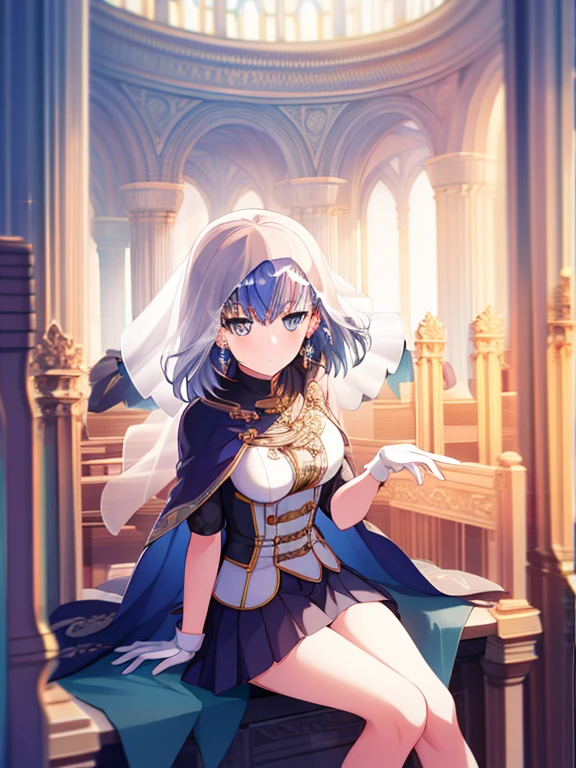 1 girl, ((whole body)), Medium breasts, Solitary, Gray eyes, sleeve, ((Blue Hair)), White gloves, Jewel-like, Looking at the audience, earrings, short hair, sit, Church Background, Knees up, Bangs, Pleated Skirt, cloak, ((veil)),