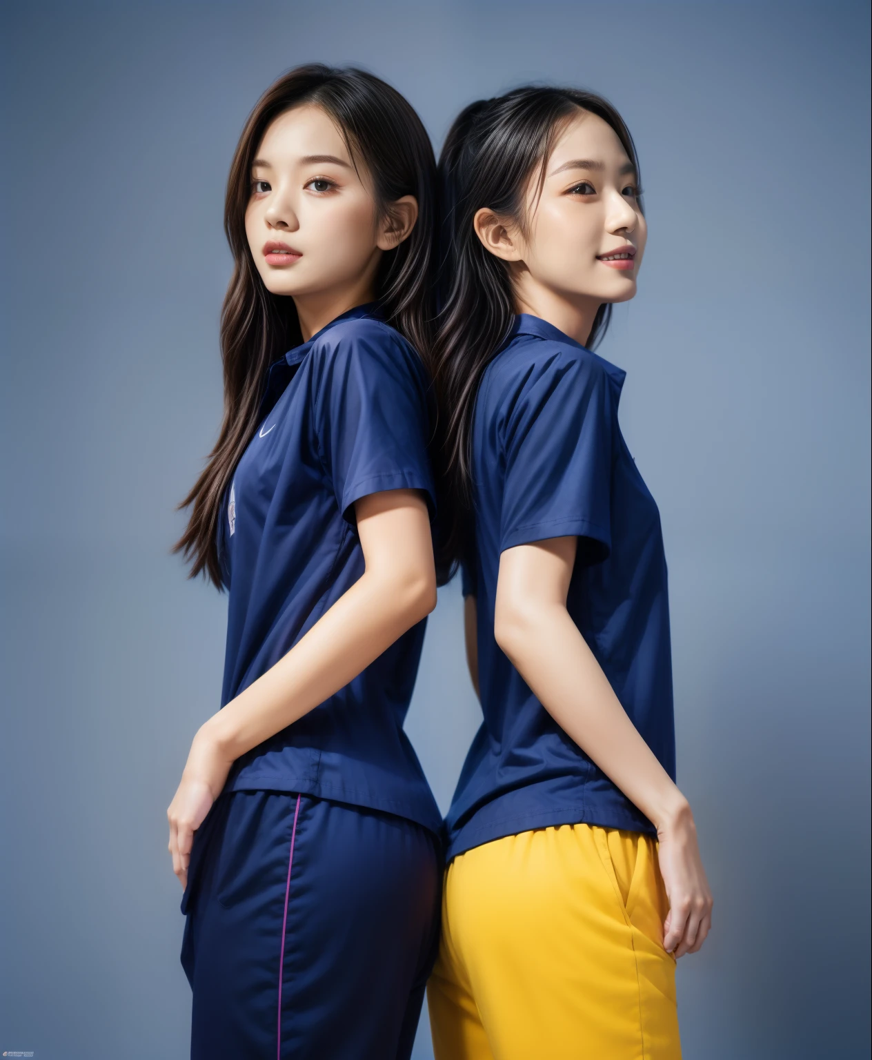 (best quality,10,10,height,Masterpiece:1.2),Special details,(realistic,ภาพrealistic,Realistic photos:1.37),1 Cute girl in the kitchen,shiny, ผิวshiny,only,smile softly,BDclothelue shirt:1.3)),short sleeve,shirt, กางเกงขาlong.,(navy_long_track pants:1.1), ((Kitchen Background)),Dynamic angle,excited,Face focus,dynamic poses,from behind,focus on ass,Masterpiece, best quality, ultra realistic, hyper detail, 8k resolution, raw photos, Sharp focus, ((Navy blue shirt:1.1)), short sleeve, เส้นทางlong, perfect body, 2 mature women, 18 years old, Cinema-grade lighting system,blue sweatpants,shirtผ้าออกกำลังกาย,correct anatomy,perfect body, correct body, Sharp face, correct bodyทางกายวิภาค, full body, realistic gestures, long-haired, realistic poses,Wear long shorts...........................,ช่วงขาlong,Good shape,carved girl, Slender figure, model, Good shape, beautiful body,blue sweatpants, two girls kissing