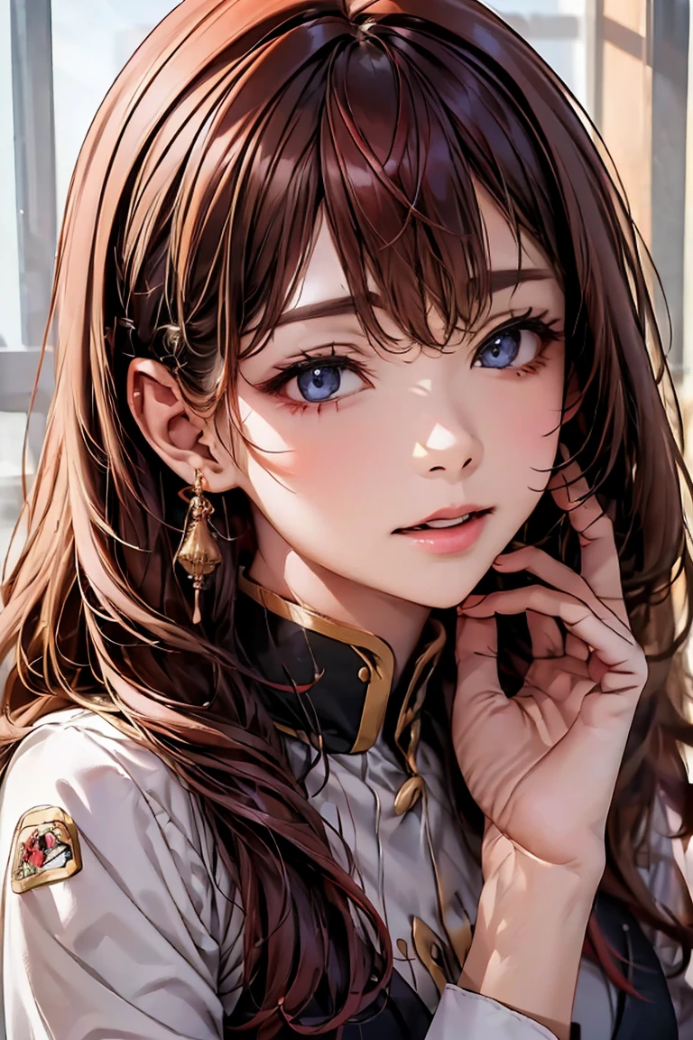 ((Highest quality)),(超High resolution),(Very detailed),(Detailed Description),((The best CG)),(masterpiece),Ultra-detailed art、(Highest quality、8k、32K、masterpiece)、(Realistic)、(Realistic:1.2)、(High resolution)、Very detailed、Very beautiful face and eyes、1 female、Tight waist、Delicate body、(Highest quality、Attention to detail、Rich skin detail)、(Highest quality、8k、Oil paints:1.2)、Very detailed、(Realistic、Realistic:1.37)、Bright colors、Beautiful Japanese Woman、Detailed face、Smooth Skin、Big Breasts、((Long hair with perm ends:1.6、Red hair))、"High school girl in a futuristic uniform。Wearing a monochrome tight-fitting blazer、Metallic buttons and school crest on left chest。Below is the、He is wearing a clean white shirt with hidden buttons.、The collar and cuffs have thin lines。The skirt is a knee-length A-line skirt.、It has the same simple stripes as the blazer.。Shoes must be black or dark grey sneakers、Includes silver accents。As an accessory、Ribbon in school colors、Berets are also available for use during extracurricular activities.。The material of the uniform is temperature regulating、Antifouling、Has antibacterial properties。"