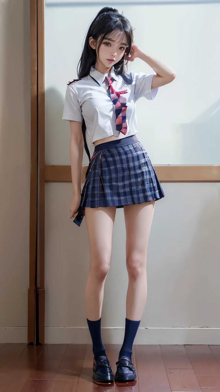 ((masterpiece)),(((最high quality))),(((((Full body shot of a girl taken from the floor:1.7))))),((Photograph the whole body from knee height:1.6)),((((((脚を揃えてPlease stand up straight:1.9)))))),((Thin thighs:1.3)),((Long legs:1.4)),(((Girl standing in a school classroom:1.7))),(((Micro Mini Skirt Uniform:1.6))),((スリムなModel body type:1.8)),((Japan  in summer uniform:1.8)),((Wearing a red tie:1.5)),(Wearing a white shirt with short sleeves:1.3),Her erect nipples are clearly visible under her clothes.,(Navy blue checked micro mini skirt:1.7),(:1.3),bangs,A small smile,((cute女の子)),Slender girl,Black Loafers,(((short white socks up to the ankles,:1.2))),cute,The thighs below the groin are slim and firm,cute,Black hair ponytail,Thin legs,スリムなModel body type,Very small waist,Small hips,Long thighs,Thin thighs,Thin hands,Long hands,((((Full body from belowを撮影する:1.5)))),(((((k-popのIVEのWONYOUNGにそっくりの女の子:1.9))))),((Turn your whole body straight ahead:1.8)),((expensive:1.4)),(Stand with your legs straight without bending your knees:1.7),((Please stand up straight:1.7)),((turn your hips forward:1.7)),The ankles are super thin,beauty,Fine skin,Firm Skin,引き締まったThin legsの肌を細部までリアルに再現,Very detailed, Attention to detail,high quality,Awards,High resolution,(Anatomically correct:1.3),(8k,RAW Photos,最high quality,masterpiece:1.5),(((Photographing a girl&#39;Full body from below))),(((She is taking a picture with three other girls from her class.:1.5))),3人ともスリムでcute,Height 173cm,((脚を揃えてPlease stand up straight:1.7)),((脚を揃えてPlease stand up straight:1.7)),((脚を揃えてPlease stand up straight:1.5)),((脚を揃えてPlease stand up straight:1.7)),(((Keep your back straight:1.8))),((Look forward:1.2)),9頭身beauty,Model body type,((Inseam is half the height:1.3)),Thin thighs,((k-popのIVEのWONYOUNGにそっくりの女の子:1.5)),Tiny and slim waist,((In the background, a classroom with a blackboard and desks is visible.:1.5)),(((beautiful girl)))