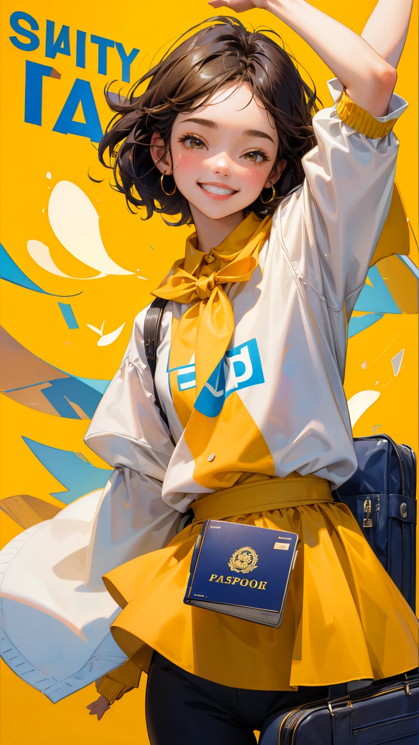 A cute girl with smile with open happy face, holding up his passport at the counter of city hall, with an office worker in front who is smiling and waving. The header text reads "EASY Colin". yellow wall behind him says "City Hall