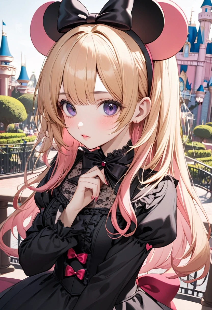 A beautiful girl wearing a Minnie Mouse ears headband, black gothic lolita outfit, 1 person, pink hair and long blonde hair, delicate facial structure, perfect hand angle, background is inside Disneyland