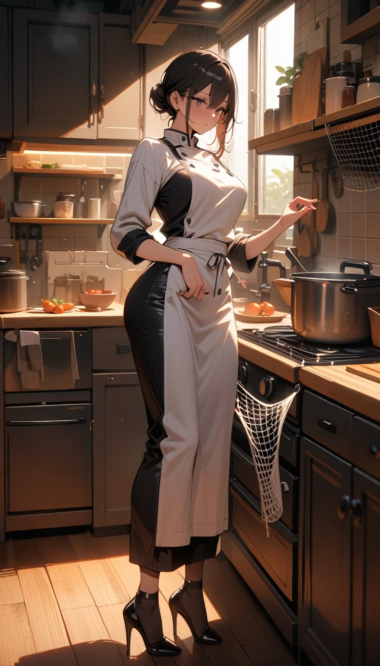 ((best quality)) , ((masterpiece)) , (detailed)，1 female，(((net)))，kitchen，Female chef，High heel，((whole body))
