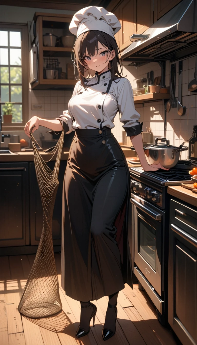 ((best quality)) , ((masterpiece)) , (detailed)，1 female，(((net)))，kitchen，Female chef，High heel，((whole body))