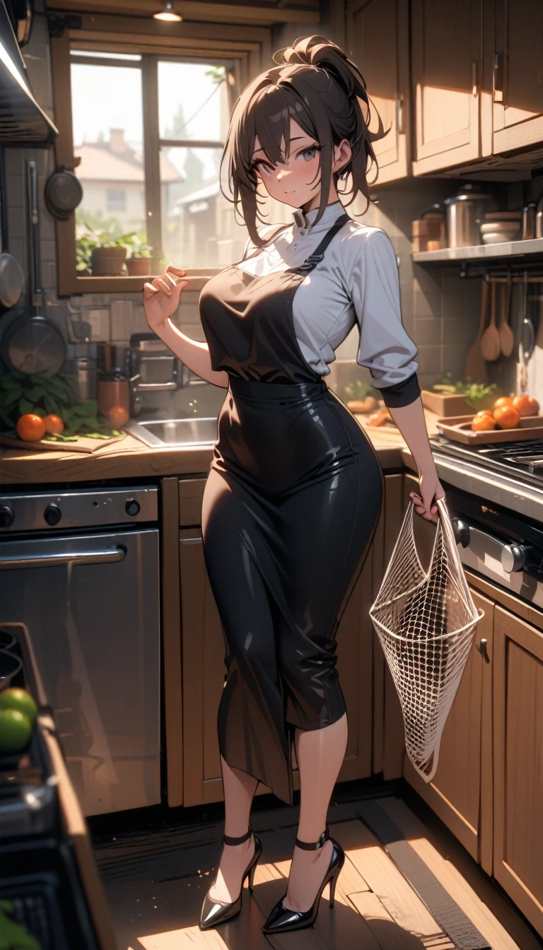 ((best quality)) , ((masterpiece)) , (detailed),1 female,(((net))),kitchen,Female chef,High heel,((whole body))
