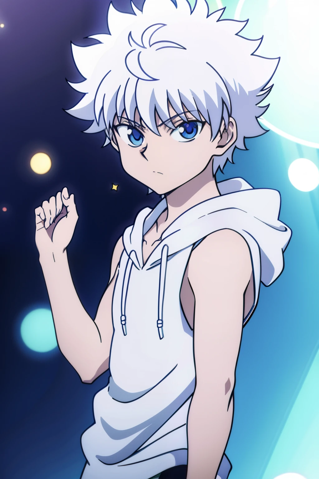 Highres, Masterpiece, Best quality at best,Best Quality,hight quality, hight detailed, Anime style, 1boy, Shota, young boy, Solo person, white hair, Killua zoldyck, Sleeveless hoodie, Seen from the front, Look at viewer, Upper body, (very young boy), 12-year-old boys, Uhd, Bokeh