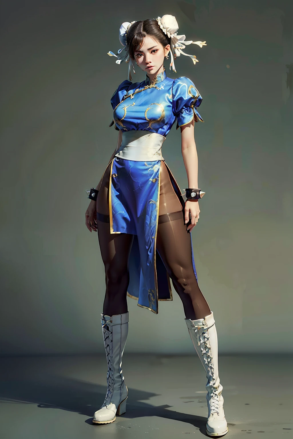 (RAW shooting, Photoreal:1.5, 8k, highest quality, masterpiece, ultra high resolution), perfect dynamic composition:1.2, Highly detailed skin and facial textures:1.2, chunli:1, beautiful and aesthetic:1.2, sexy beauty, perfect style, belief, Strong-willed, revenge, Fair skin, very beautiful face, (wearing a sexy china dress:1.2), (beautiful eyes, Eyes that feel beautiful eros:1.0), (Too erotic:0.9, Bewitching:0.9), (full body photo:1.4), (perfect limbs:1.2), (perfect fingers:1.2),(Bun head,bun cover,boots, bracelet, brown pantyhose, chinese clothes, cross-laced footwear, dress, gold trim, jewelry, pantyhose, pelvic curtain, puffy sleeves, sash, short sleeves, side slit, spiked bracelet, spikes and white footwear,large breast:2,chest gap),(simple background:1.4),(knees together),(standing:1.4),