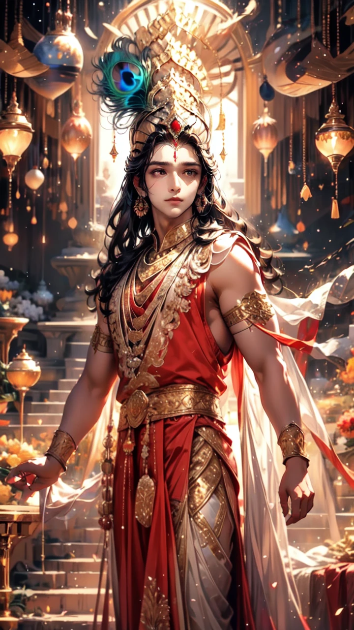 Create an image of Lord Krishna that represents the fusion of the godly heart with the supernatural realm and the vast universe.
Imagine an ethereal and mysterious scenario. No centro da imagem, A godly heart shines with a soft, sparkling light. The heart seems to be floating in a translucent mist, evoking a sense of mystery and transcendence.
From the heart, emanates a series of projections, each representing a unique aspect. Some projections take the form of elements of nature, like branches of trees, flower petals or dancing flames, evoking a deep connection to the natural realm.
Other projections extend into outer space, turning into bright constellations, distant galaxies or rays of shooting stars. These cosmic projection. Creating a magical and spiritual atmosphere. The soft light emanating from the heart and projections contributes to a sense of peace and awe.
The resulting image captures the idea of a godly heart that transcends peacock boundaries, Exploring the Supernatural and Cosmic Realms. This fusion of the human and the divine creates a visual narrative that evokes the search for the deepest emotional connection and the expansion of one's own essence into the vast universe.", superior quality, many details, Puri focus Sharp and realistic