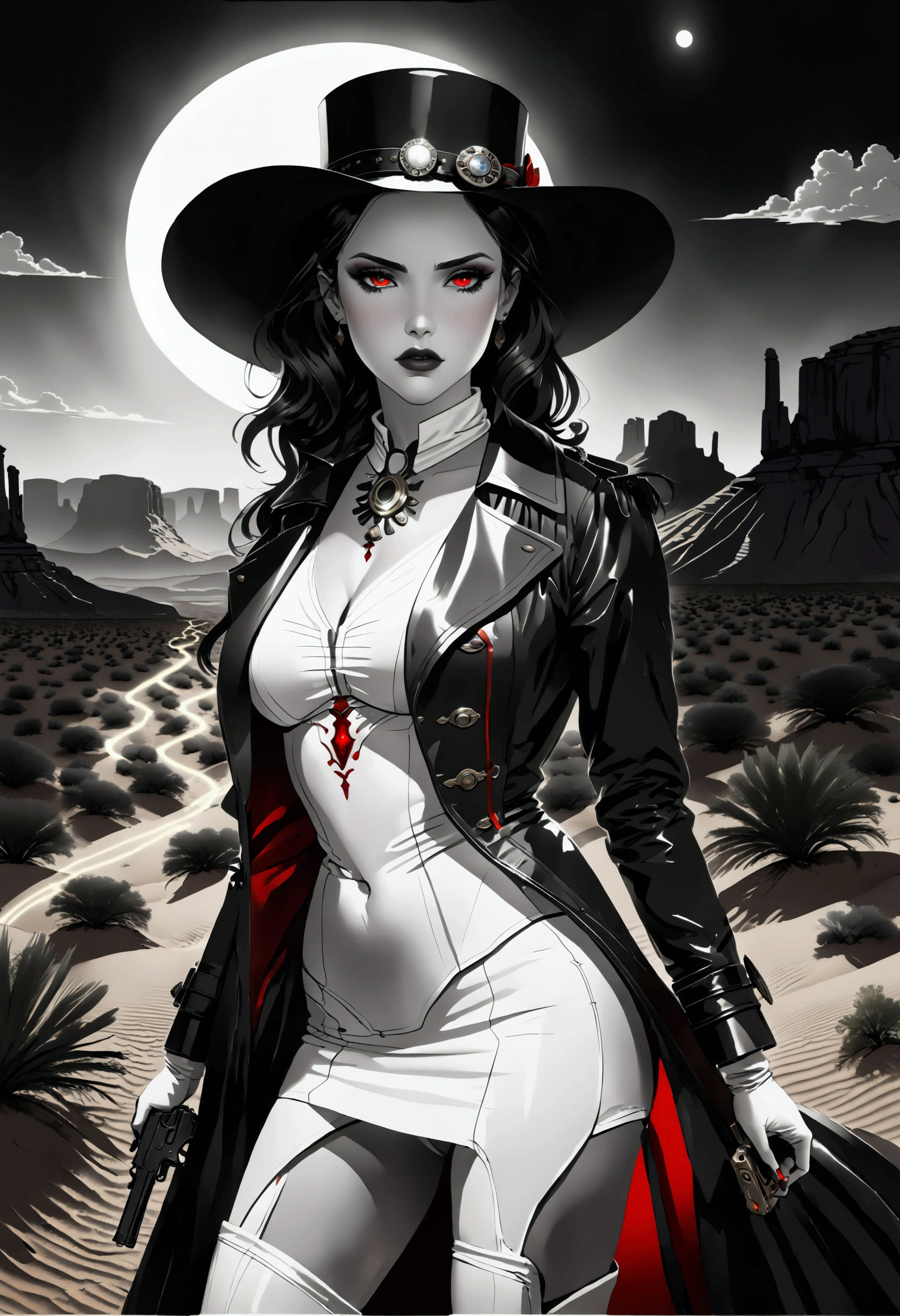 (wild west black and white 19th century photograph style: 1.5) picture of a female vampire cowboy in the desert night, a goth beauty, exquisite beautiful female vampire, ((anatomically correct: 1.5), (ultra detailed face: 1.2), best detailed face, red glowing eyes, full body, busty, wearing white bottom shirt, short skirt, dynamic color. wearing (Gambler Crease hat: 1.2), wearing high heeled boots, wearing open black trench coat, flowing trench coat, (pistol in a holster: 1.1), it is night time in the desert, moon light. moon rays, west America desert canyon background, Hyperrealism style, vibrant, Ultra-high resolution, High Contrast, (masterpiece:1.5), highest quality, Best aesthetics), best details, best quality, highres, ultra wide angle, 16k, [ultra detailed], masterpiece, best quality, (extremely detailed) RAW, chumbasket art style, rpg portrait photograph,