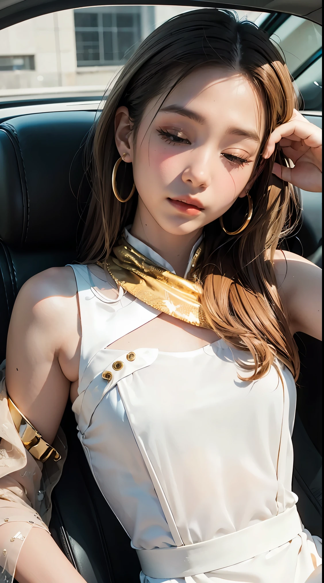 ((Masterpiece)), ((Best Quality)), 8K, HD, Super Detail, (Woman), (White dress studded with yellow gold rims), (Golden hair shawl scattered), (Expression closed eyes) (Sleeping in a car 1.6) (Full Body Display 1.4) The artwork is a masterpiece, with the best quality and super detail, captured in 8K HD. Photographic realistic, realistic, very detailed illustrations realistic, octane rendering