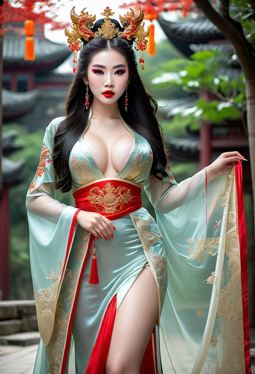 sexy and beautiful and elegant celestial young empress in her coronation ceremony, striding in her ceremony with dignity, wearing gigantic and sophisticated intensely sensual fetishful elegant emperial traditional see through hanfu with dragon altar, intense unimaginable red lipsticks with beautiful glossy glamorous sparkle and shiny sparakle charming eyelid makeup and peaking out a little bit of intoxicating Cleft between her seductive bossoms for a pure allure with shiny glossy and smooth hair(the most insatiable beauty and allure with her stern and dominant look like she has fully in control and no one dares to disobey her), get tempted with lustful and sensual twitch and also fear of her presence and bring venustraphobia to your desires like a subserviant serf, feel the tense temptation of lust and tense fear of venustraphobia into your bones while looking deeply