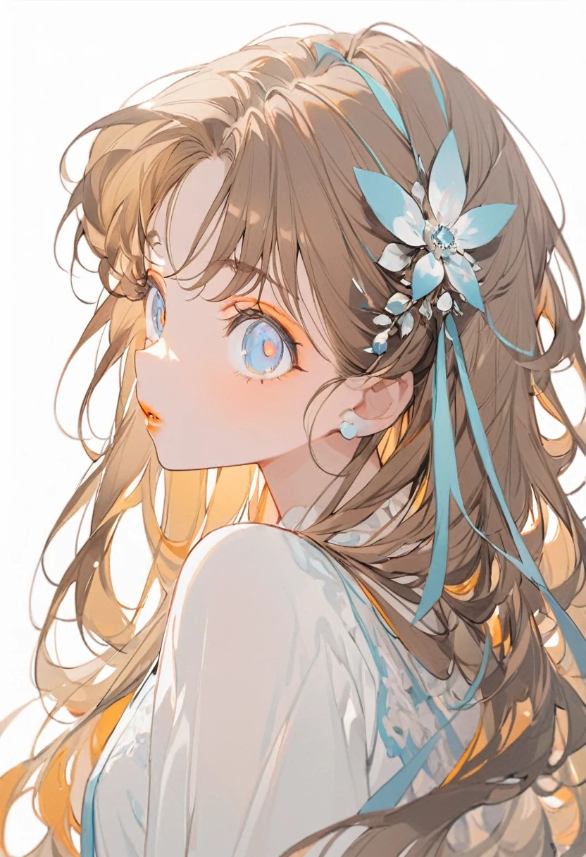 adult、woman、profile、look back、Brown Hair、Long Hair、Close up of upper body、A large light blue ribbon hair ornament、big eyes, Orange lipstick、Cute white clothes、White background