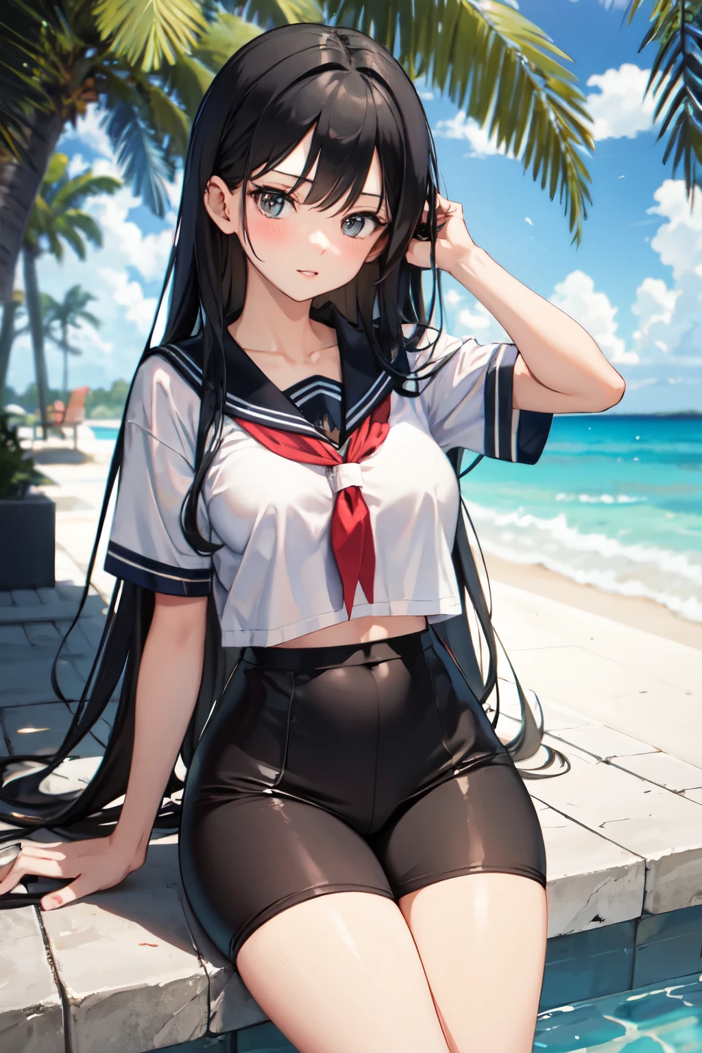 high school girl,Lewd,Summer clothes,Long Black Hair