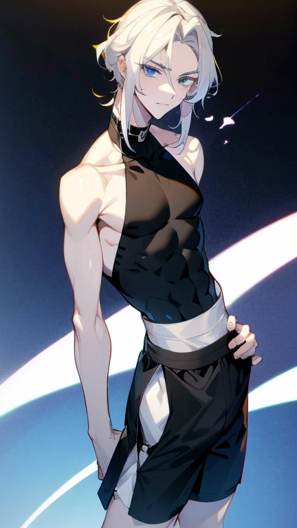 male character , 20 years, pale, white skin, Dark Blue eyes, white hair, wavy and shoulder length , delgado, beautiful, black shorts close to the skin, Long black sleeveless T-shirt with close-to-skin collar, small breasts, small waist, 