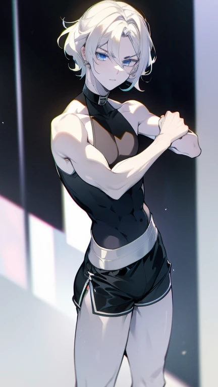 male character , 20 years, pale, white skin, Dark Blue eyes, white hair, wavy and shoulder length , delgado, beautiful, black shorts close to the skin, Long black sleeveless T-shirt with close-to-skin collar, small breasts, small waist, 