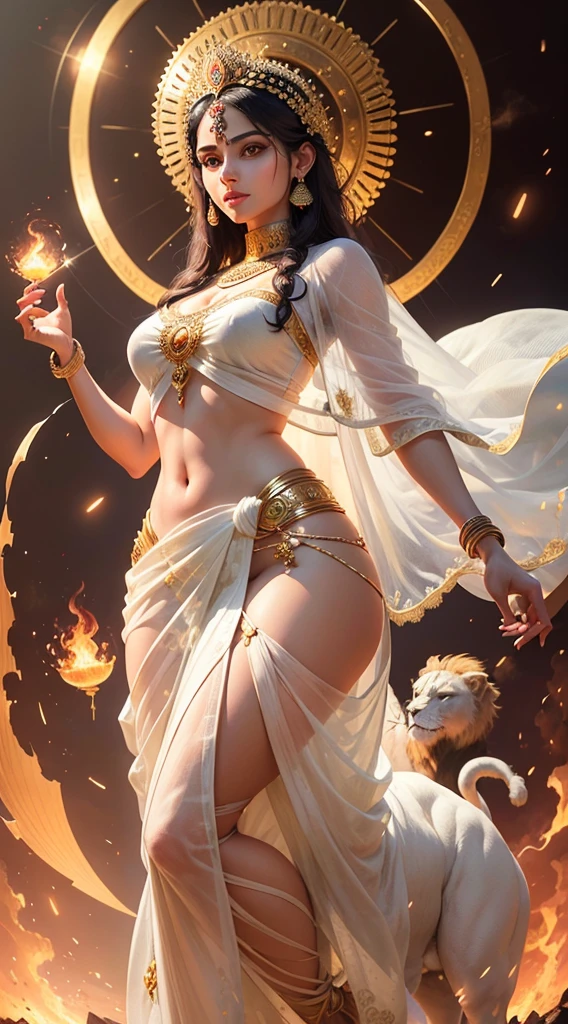 (Highly detailed), (Illustration), (Convoluted), (Beautiful face), (Attractive body), (Complete Body Picture), Modern Indian Goddess, (Transparent white Sari), Dynamic Pose, God's Crown, (Lion Standing Nearby), Colorful, Eye-catching, Heavenly.